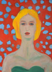 PORTRÄT VOR BLAUEN FLOCKEN, Acryl auf Leinwand, 90 x 65 cm, (2023)